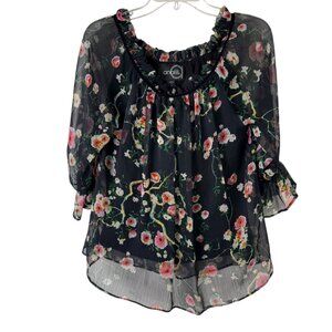 Analili Black Floral Semi Sheer Blouse Women's M Ruffle 3/4 Sleeve Cottagecore